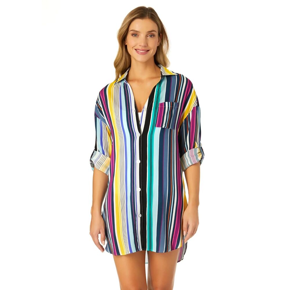 Anne Cole Striped Tunic Cover Up L/XL Rayon Beach Resort Button Shirt Swim Layer